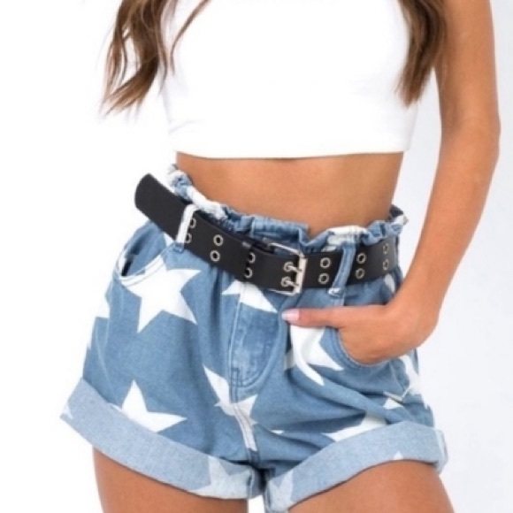 Princess Polly Pants - Princess Polly Myron Star Print High Rise Paper Boy Elastic Waisted Denim Shorts